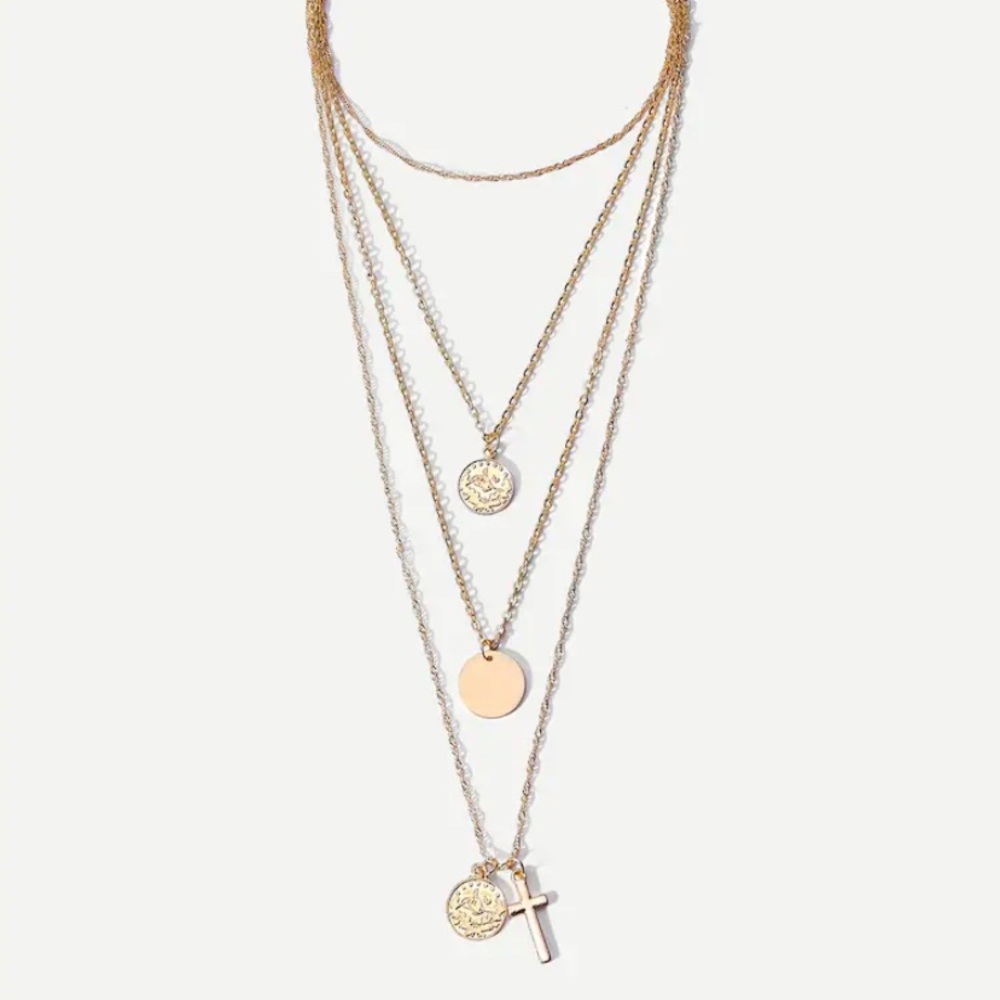 ‫Coin & Cross Layered Pendant Necklace - Picture 2 of 3